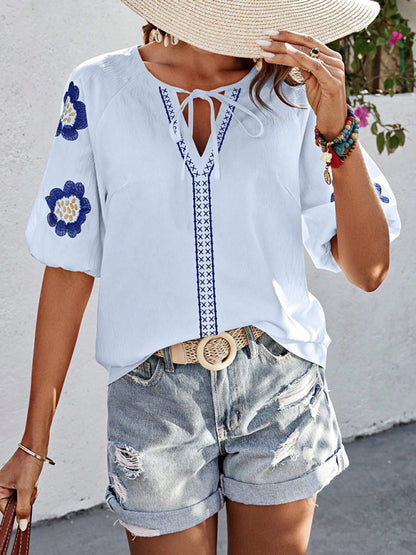Blouses - Floral Embroidered V-Neck Top for Women