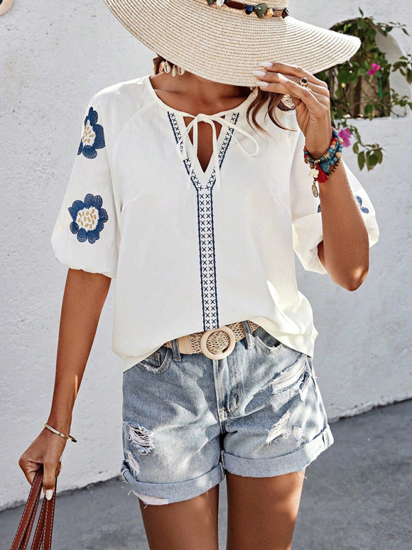 Blouses - Floral Embroidered V-Neck Top for Women