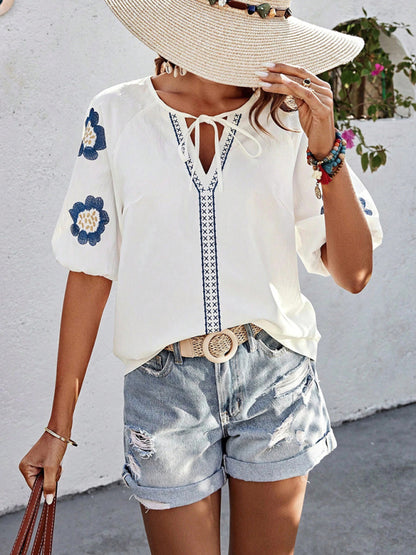 Blouses - Floral Embroidered V-Neck Top for Women