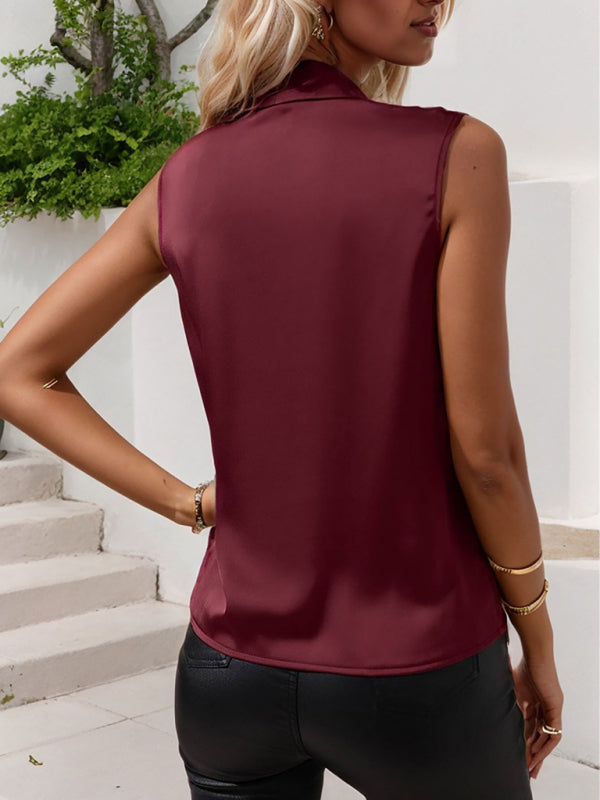 Blouses - Satin Cowl Neck Blouse Surplice Blouson Top