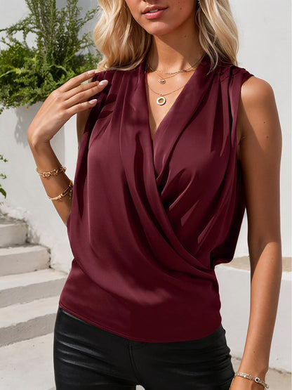 Blouses - Satin Cowl Neck Blouse Surplice Blouson Top