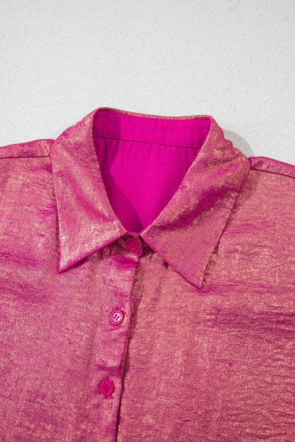 Blouses & Shirts - Women's Pink Sparkly Casual Buttoned Blouse for Festive Occasions