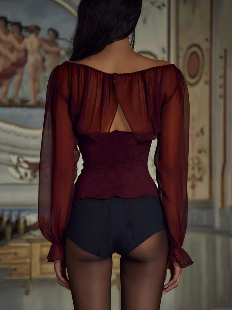 Blouses - Vintage Chiffon Sleeve Blouse for Elegant Evenings