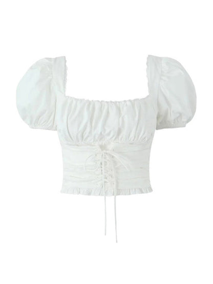 Vintage-Schnürbluse mit Puffärmeln aus Baumwolle