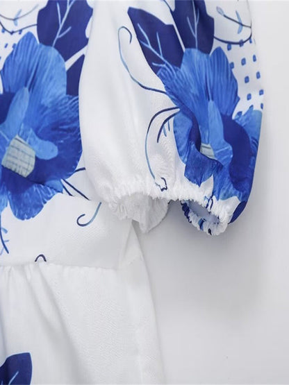 Blouses- Women's Floral Tie-Up Puff Sleeve Blouse- - Chuzko Women Clothing