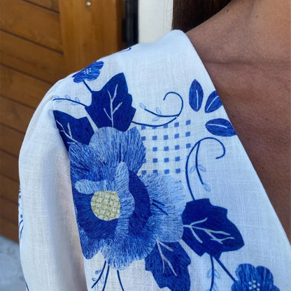 Blouses- Women's Floral Tie-Up Puff Sleeve Peplum Blouse for Summer- - Chuzko Women Clothing