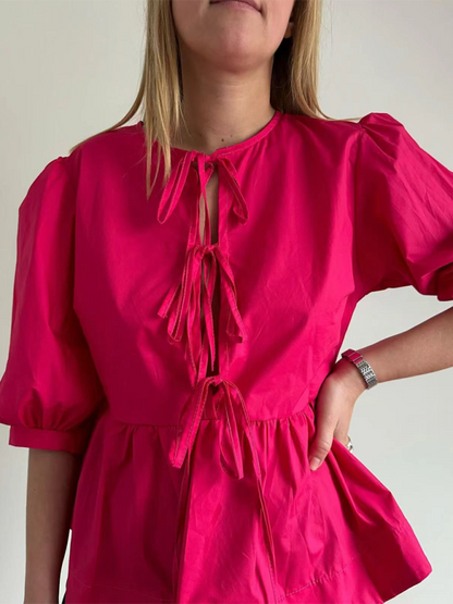 Blouses- Women's Leopard Print Puff Sleeves Peplum Blouse- Rose- Chuzko Women Clothing