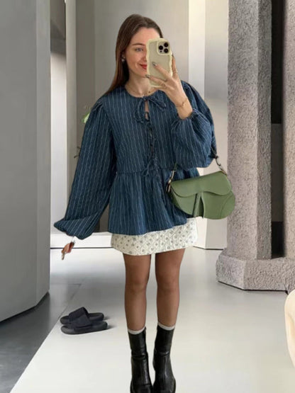 Women's Puff Long Sleeve Tie-Up Blouse in Stripes