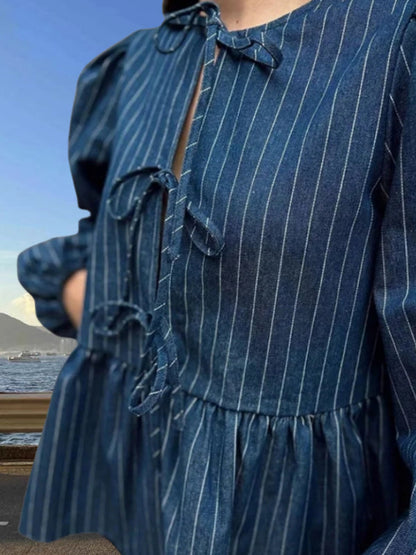 Women's Puff Long Sleeve Tie-Up Blouse in Stripes