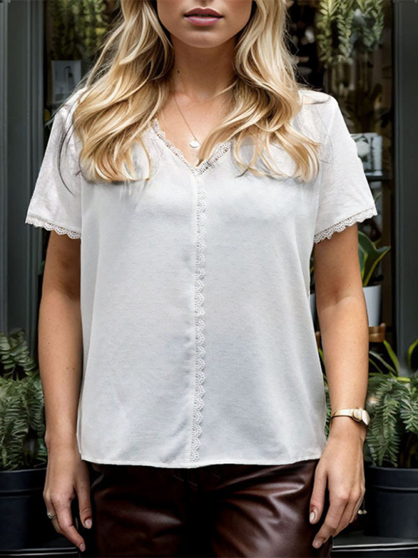 Blouses- Women's Solid V-Neck Blouse with Lace Trim in Relaxed Fit- - Chuzko Women Clothing