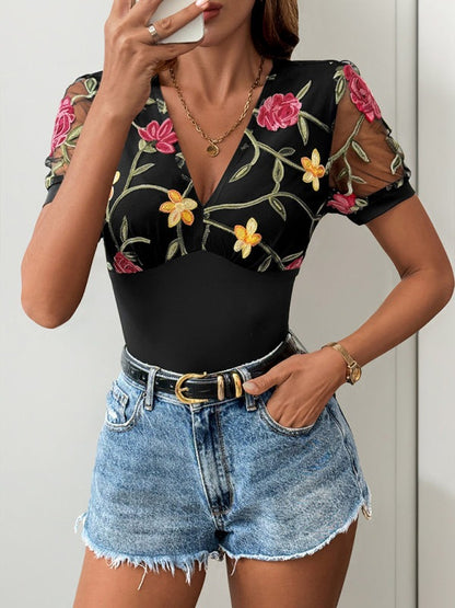 Bodysuits - Embroidered Bodysuit with Mesh Sleeves