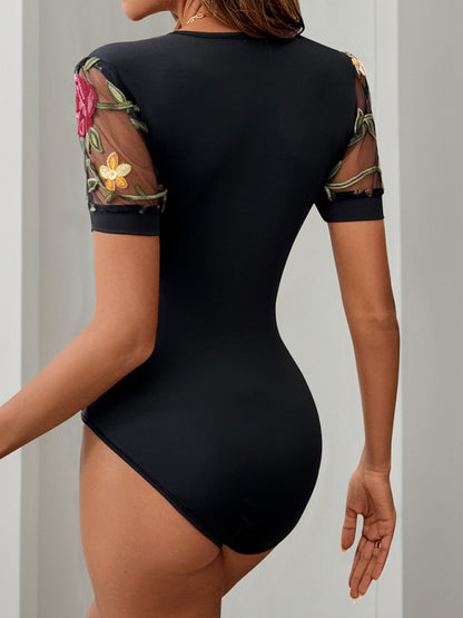 Bodysuits - Embroidered Bodysuit with Mesh Sleeves