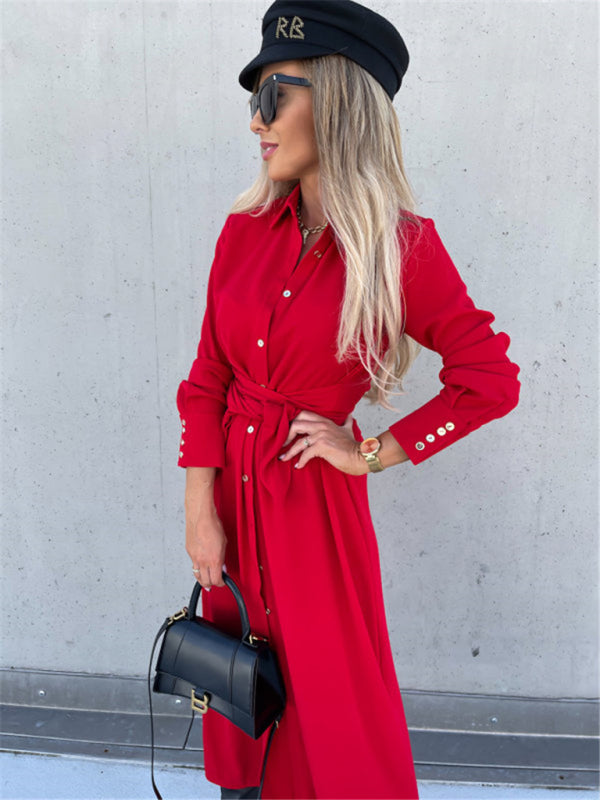 Business Dresses - Taupe Shirt Dress for Professional and Casual Wear
