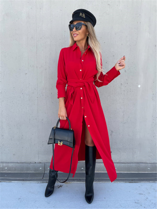 Business Dresses - Taupe Shirt Dress for Professional and Casual Wear
