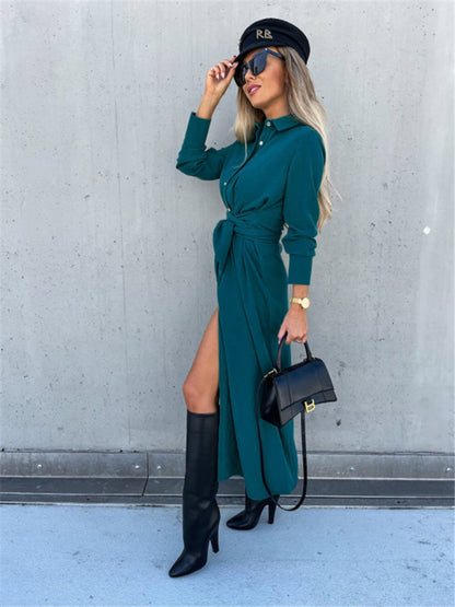 Business Dresses - Taupe Shirt Dress for Professional and Casual Wear