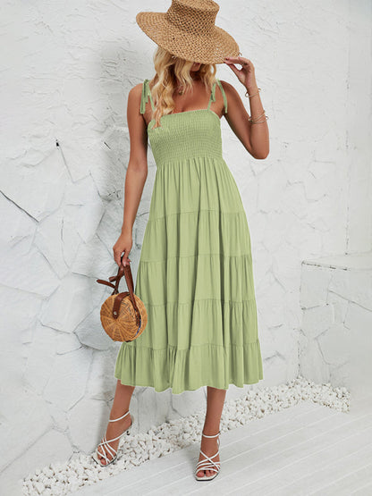 Cami Dresses- Boho Solid Women's Tie-Shoulder Smocked Bodice Midi Dress- - Pekosa Women Fashion
