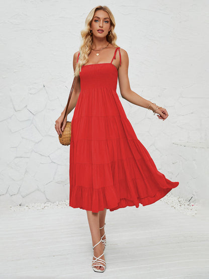 Cami Dresses- Boho Solid Women's Tie-Shoulder Smocked Bodice Midi Dress- - Pekosa Women Fashion