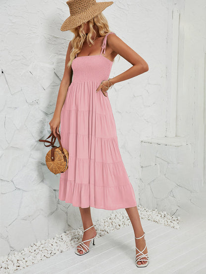 Cami Dresses- Boho Solid Women's Tie-Shoulder Smocked Bodice Midi Dress- - Pekosa Women Fashion