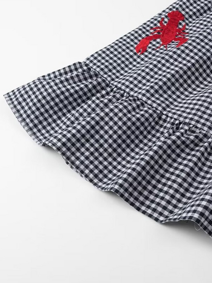 Cami Dresses- Women's Gingham Maxi Dress with Lobster Embroidery- - Pekosa Women Fashion