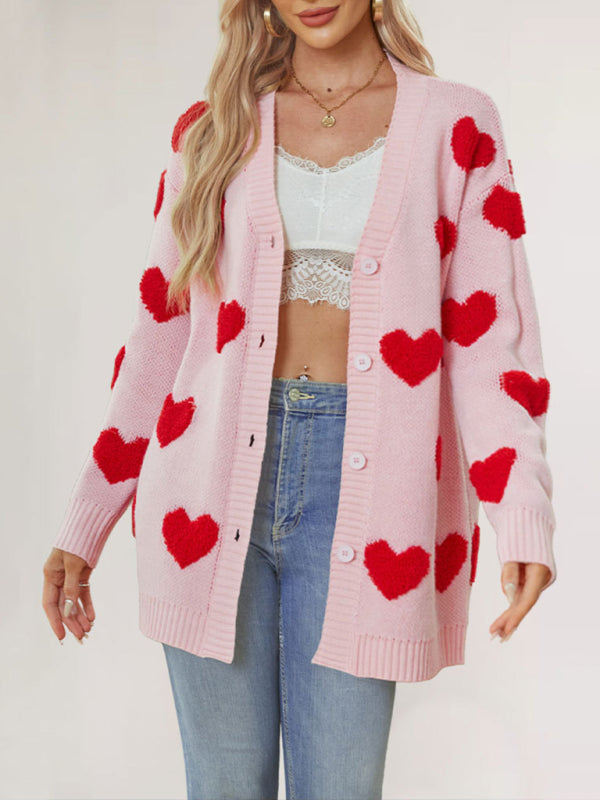 Cardigans - Casual Valentine's Day Heart Patterned Sweater