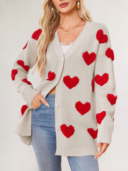 Cardigans - Casual Valentine's Day Heart Patterned Sweater