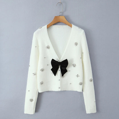Cardigans - Cropped Cardigan with Bow and Diamond Accents