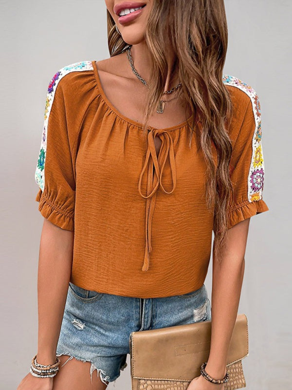 Casual Blouses - Casual Boho Blouse with Colorful Embroidery