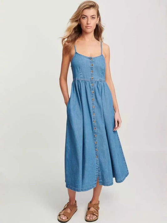 Casual Dresses - Button-Front Denim Midi Dress for Everyday Wear
