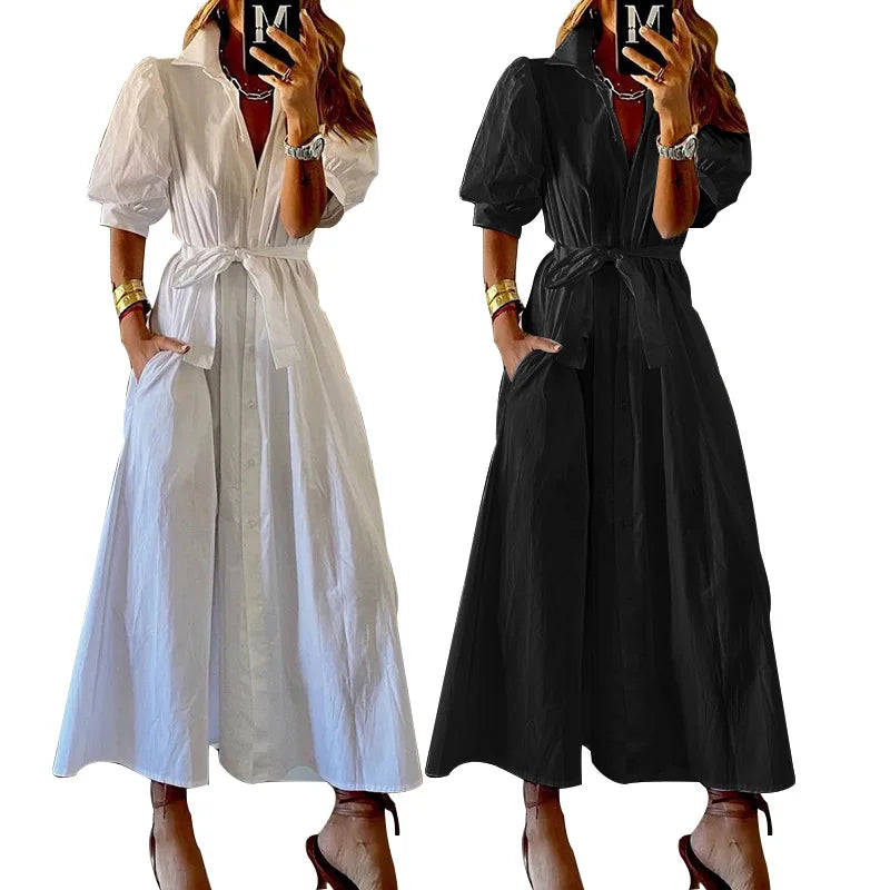Casual Dresses - Casual Vacation Midi Dress with Belted Waist
