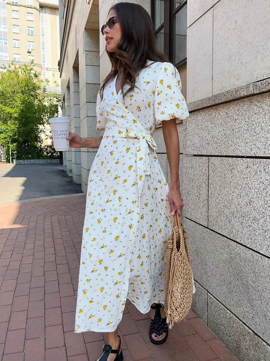 Casual Dresses - Floral Wrap Midi Dress for Casual and Family Gatherings