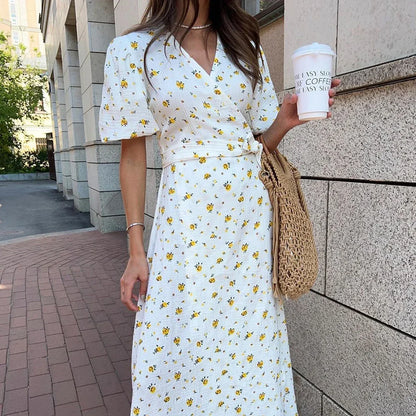 Casual Dresses - Floral Wrap Midi Dress for Casual and Family Gatherings