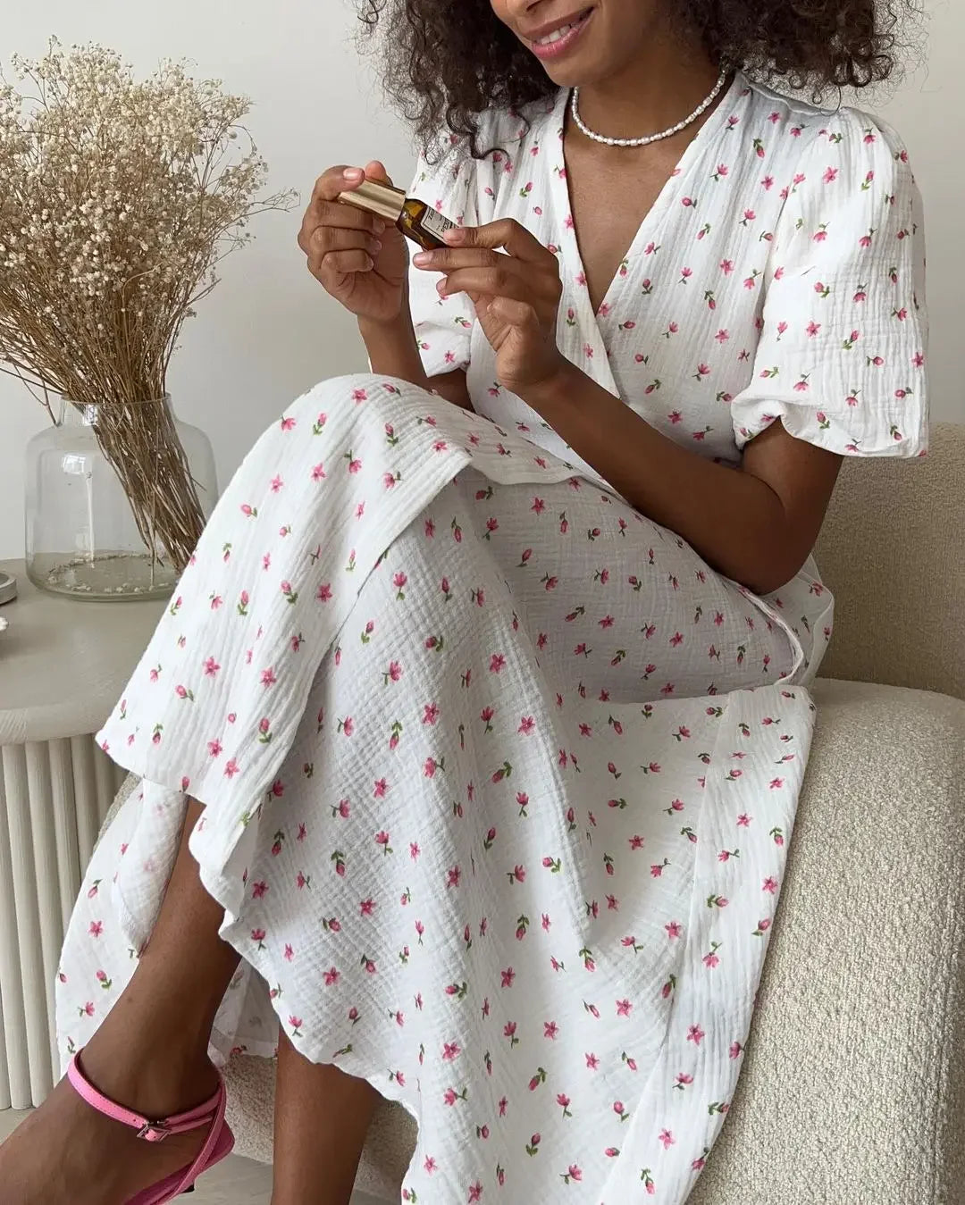 Casual Dresses - Floral Wrap Midi Dress for Casual and Family Gatherings