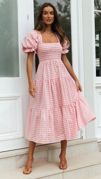 Casual Dresses- Pink Gingham Square Neck Midi Dress for Garden Parties- Pink- Pekosa Women Fashion