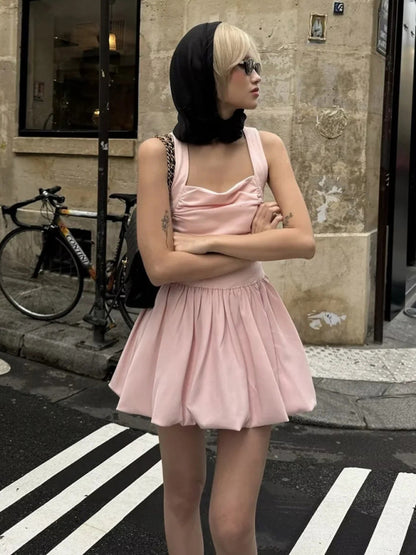 Casual Dresses - Pink Square Neck Fit-and-Flare Mini Dress