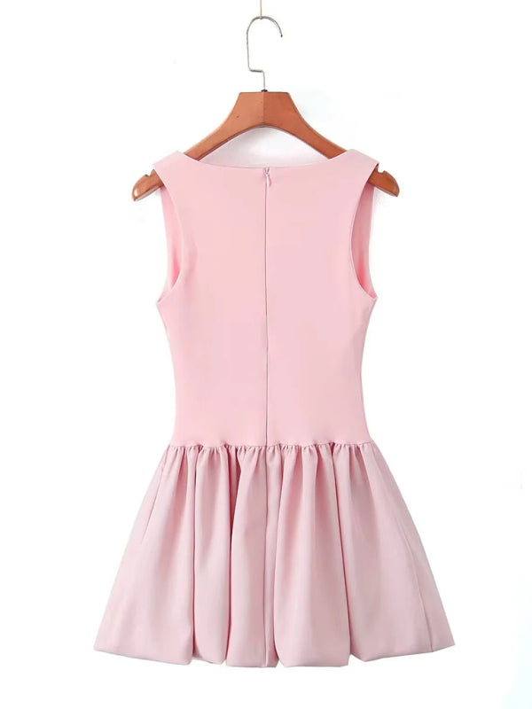 Casual Dresses - Pink Square Neck Fit-and-Flare Mini Dress