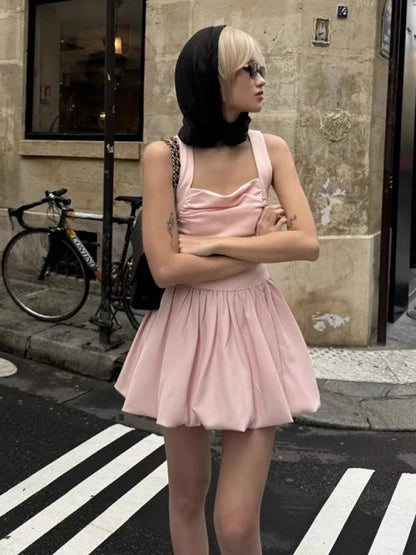 Casual Dresses - Pink Square Neck Fit-and-Flare Mini Dress