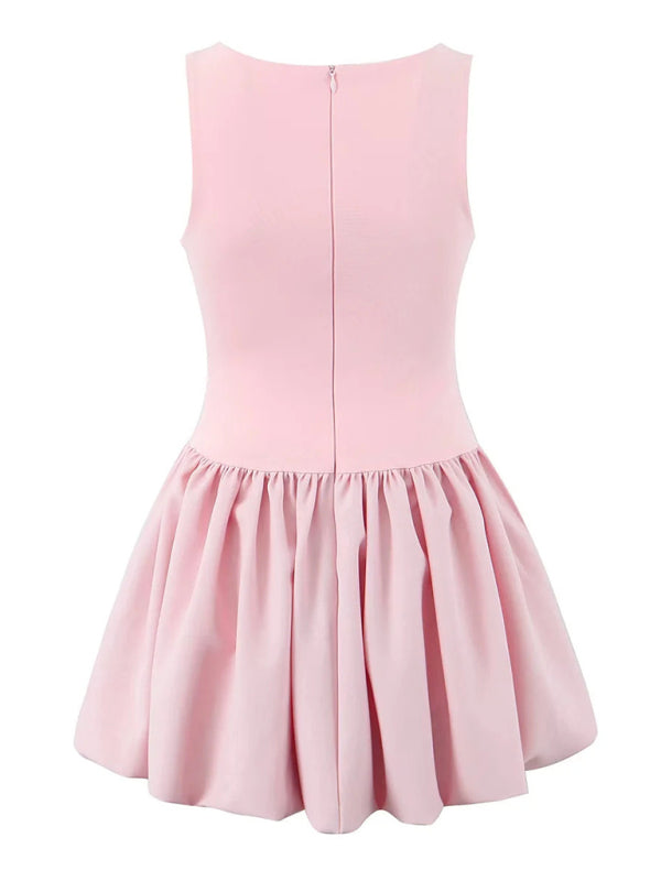 Casual Dresses - Pink Square Neck Fit-and-Flare Mini Dress
