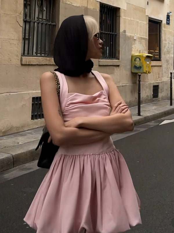 Casual Dresses - Pink Square Neck Fit-and-Flare Mini Dress