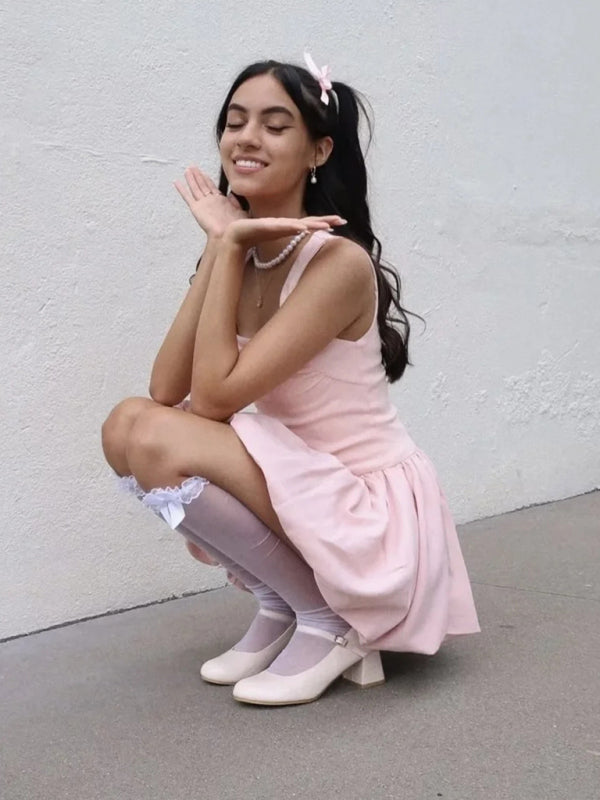 Casual Dresses - Pink Square Neck Fit-and-Flare Mini Dress