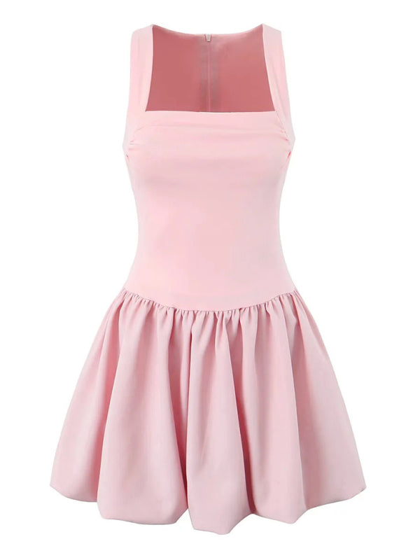 Casual Dresses - Pink Square Neck Fit-and-Flare Mini Dress