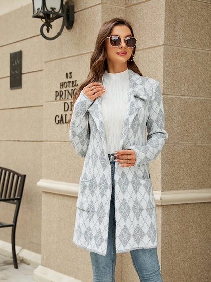 Coats- Cozy Knit Notch Lapel Winter Houndstooth Coat- Grey- Pekosa Women Clothing