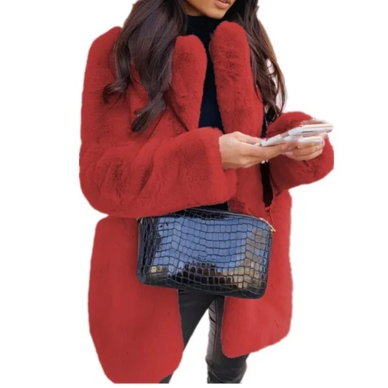 Coats - Women's Plush Faux Fur Coat Mid-Length Jacket for Women