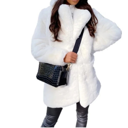 Coats - Women's Plush Faux Fur Coat Mid-Length Jacket for Women