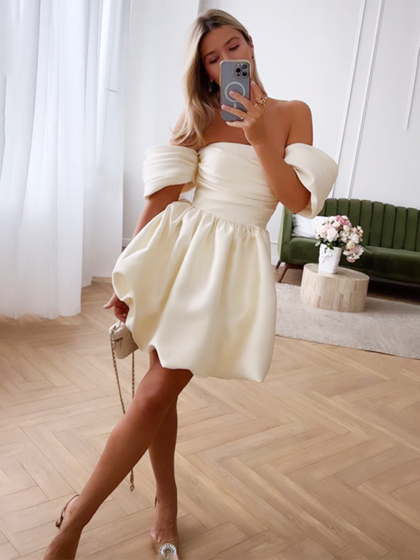 Cocktail Dresses- Elegant Satin Party Dress with Puff Sleeves- - Pekosa Women Fashion