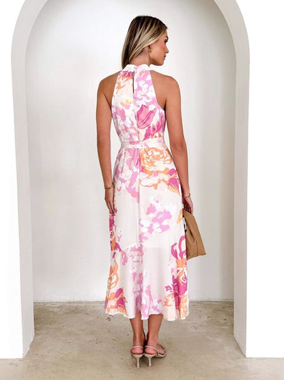 Cocktail Dresses - Floral Print Halter Midi Dress for Summer Cocktails