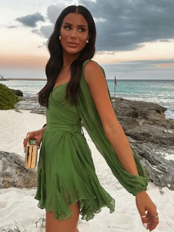 Cocktail Dresses- Mini Dress with Dramatic Sleeves for Wedding Guests & Parties- Deep green- Pekosa Women Fashion