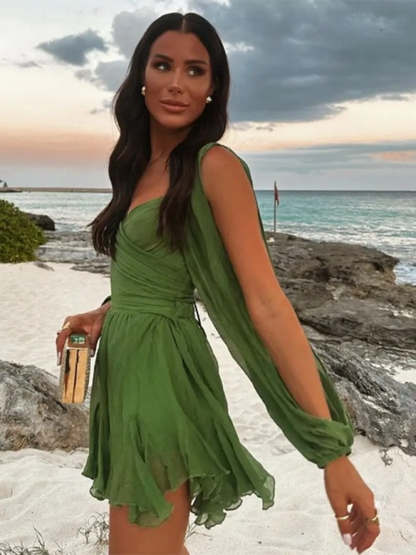 Cocktail Dresses- Mini Dress with Dramatic Sleeves for Wedding Guests & Parties- Deep green- Pekosa Women Fashion