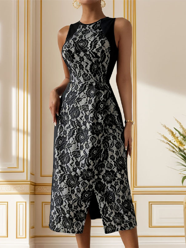 Cocktail Dresses- Women Elegant Lace Patchwork Sleeveless A-Line Midi Dress- Black- Chuzko Women Clothing