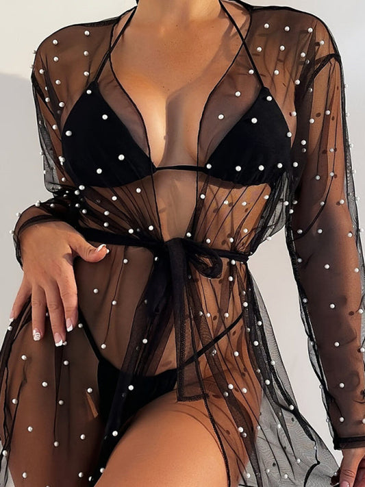 Cover Ups- Women's See-Through Polka Dot Mesh Belted Top Cover-Up- Black- Pekosa Women Fashion