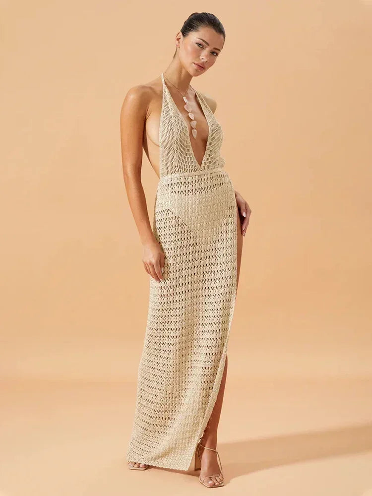 Cover up - Crochet Knit Beach Cover-Up with Plunging Neckline